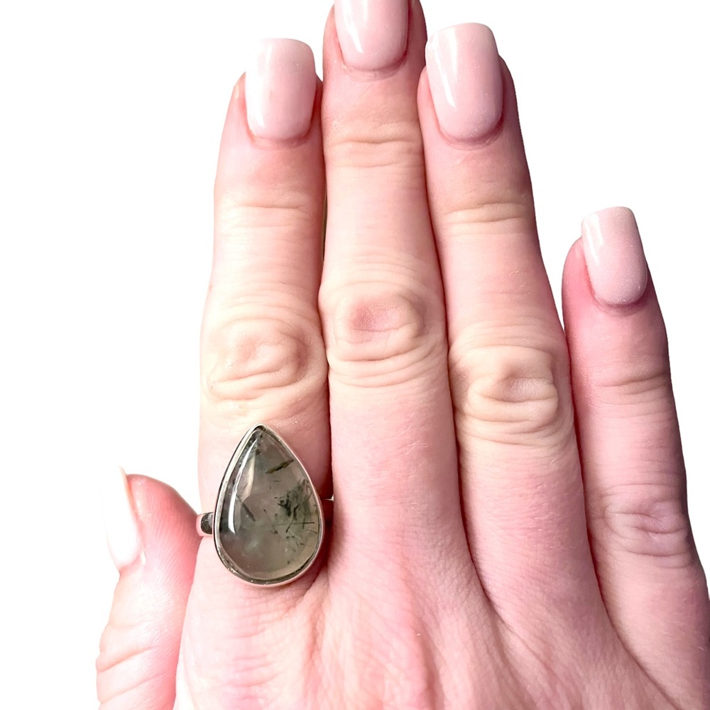 Prehnite Moss Solid Sterling Silver Ring Size 8 - image 1